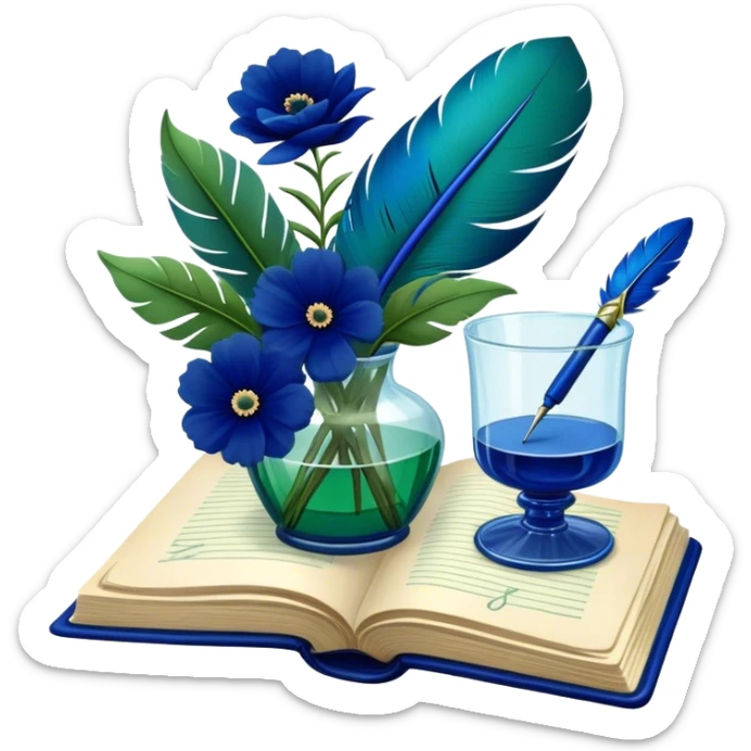 An artistic composition of an old green book with deep blue flowers in a glass vase, a quill pen resting nearby. sticker