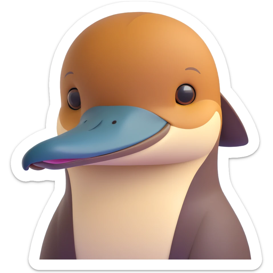 Noble platypus portrait, calm and composed, sleek build with velvety brown fur, distinctive duck-bill, observant hazel eyes, sophisticated features, soft serene glow, intelligent and enigmatic, ancient uniqueness sticker