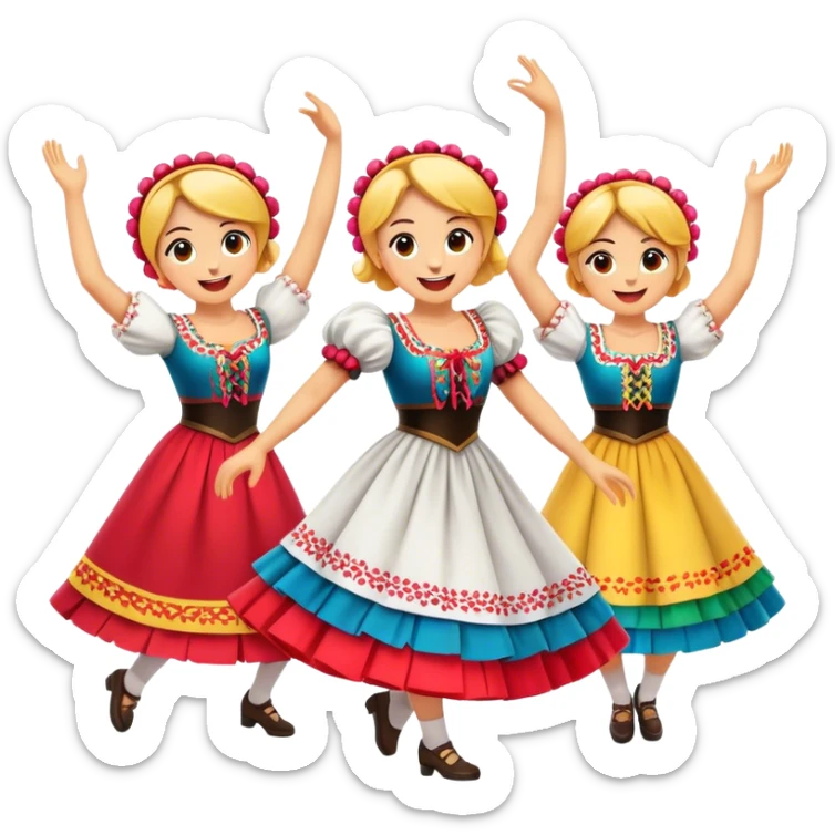 Cinematic Realistic Mazurka Dance Emoji, depicted as a lively traditional Polish folk dance scene with colorful costumes and spirited movement, rendered with dynamic textures and vibrant festive lighting that captures its rhythmic energy. sticker