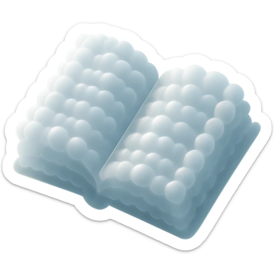 top view of a thick open book made entirely of small, very bright white fluffy convex clouds, matte glass style sticker