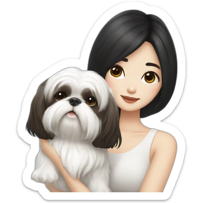long black hair korean girl with white and brown shih tzu sticker