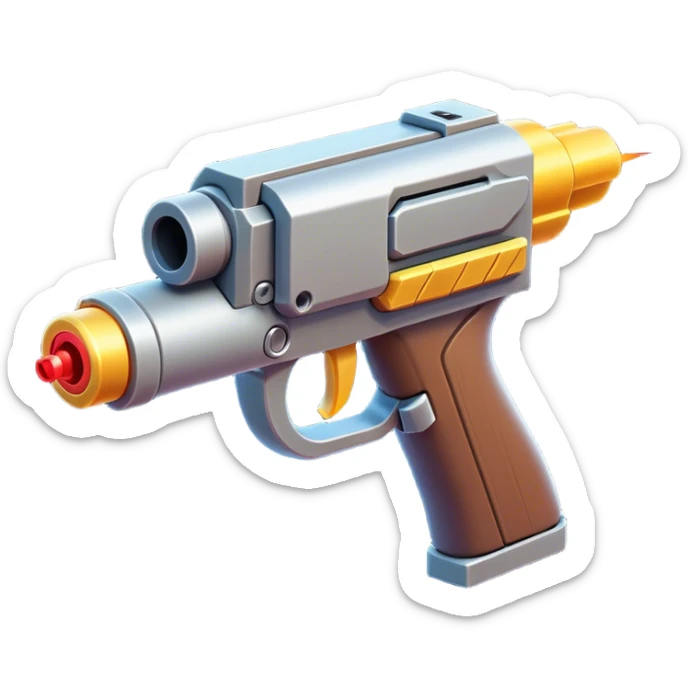 Clash of Clans aesthetic: Cinematic Playful 3D Isometric Laser Gun Emoji, rendered in a 3D vector-style similar to standard emojis with minimal shading and bold, simplified shapes. A compact, distinct form with signature details, softly glowing with a futuristic sci-fi warfare charm. Simplified yet unmistakably iconic, highly detailed and consistent, glowing with a soft radiance and high shine. Stylized with a touch of high-tech brilliance and a soft glowing outline, capturing the essence of a beloved gaming relic with a friendly, playful manner! sticker