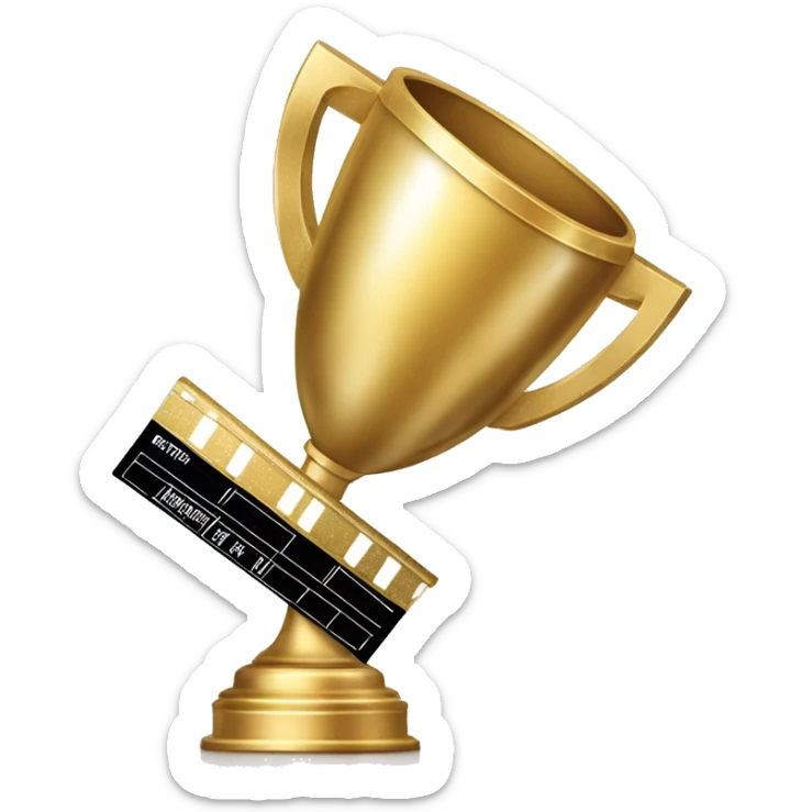 "Create a sleek emoji of a golden trophy with a film reel or clapperboard, symbolizing 'Critic's Choice.' Add subtle sparkles for a touch of prestige and elegance, representing excellence in movies." sticker