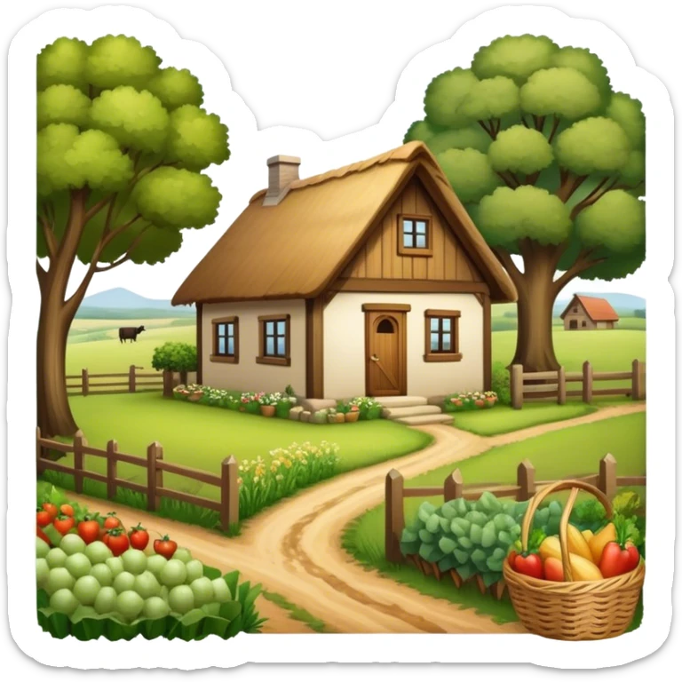 Icon for Rural Tourism: a peaceful countryside scene with a wooden cottage, a dirt path, grazing animals, and a basket of fresh produce. The icon should represent the tranquility and charm of rural life. Transparent background. sticker