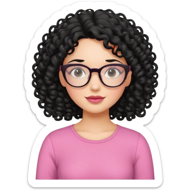 Fair girl with curly black hair and glasses wearing a pink top sticker