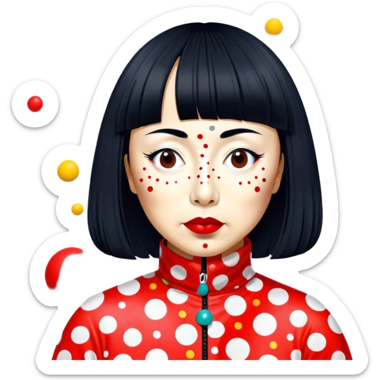 Yayoi Kusama – Cinematic Realistic Portrait of Yayoi Kusama, depicted as an avant-garde artist with an eccentric, captivating expression surrounded by her iconic polka dot patterns, rendered with vivid textures and imaginative lighting that evokes her unique, surreal creative world. sticker