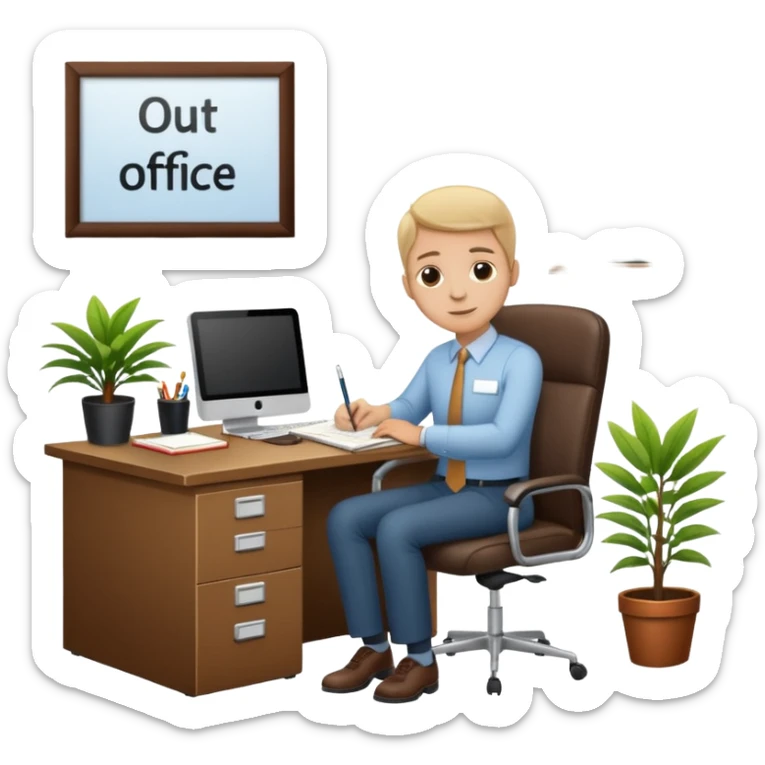 imagen de oficina con escritorio, silla, notebook, agenda y una plata con un cartel que diga FUERA DE OFICINA sticker