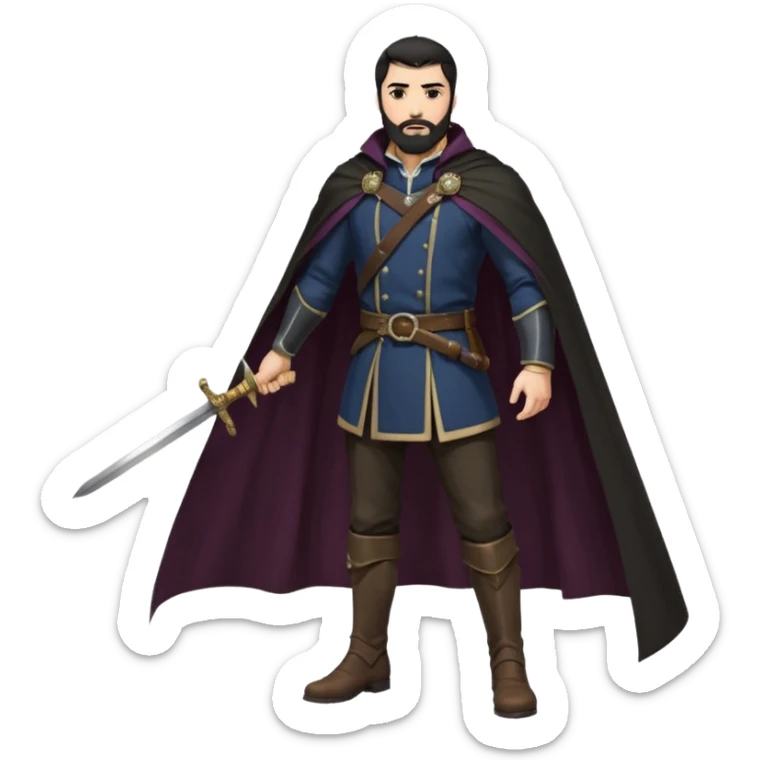 
Hombre de unos 30-40 años, alto, fuerte..
Rostro anguloso, barba bien recortada, cejas marcadas, mirada dura y orgullosa.
Castaño oscuro o negro, peinado hacia atrás.
Ropa de noble — chaqueta ajustada, capa corta, botas altas y espada al cinto. Colores oscuros (rojo vino, negro, granate) sticker