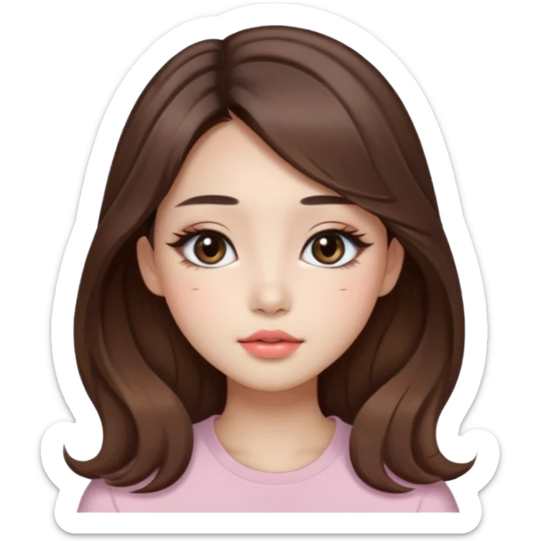 “korean straight brown hair Emoji girl, soft eyeliner and blush, gradient lips, light brown shimmer eyeshadow, long wavy hair,  sticker