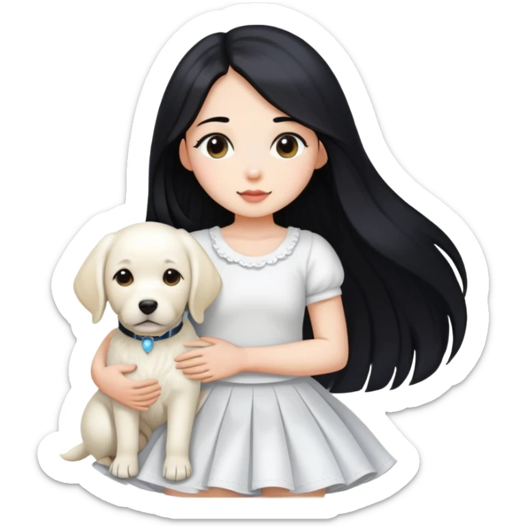 A girl with long black hair, a beautiful white skirt and fair skin is holding a white Labrador sticker