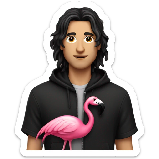white man with black long hair, with a black zip up hoodie, holding a flamingo sticker