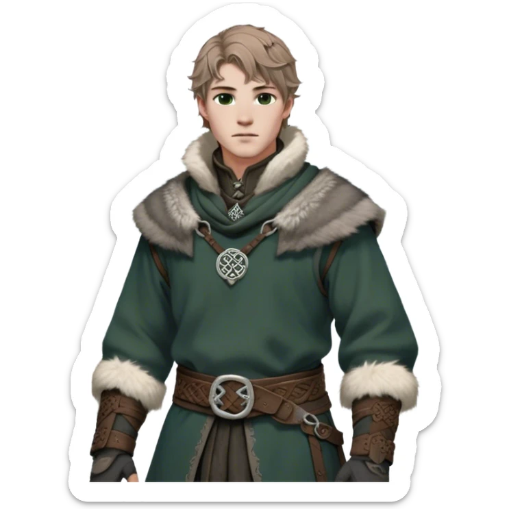 Medieval winter outfit worn by a DnD themed fantasy male character. Heavy charcoal wool tunic with arctic wolf fur lining, adorned with intricate iron clasps and a thick leather belt with celtic knotwork. Clothes only above the waist, full waist coverage. The character has no arms. Character is white-skinned with light brown hair, gray-green eyes, and short wavy hair dusted with winter's touch. sticker