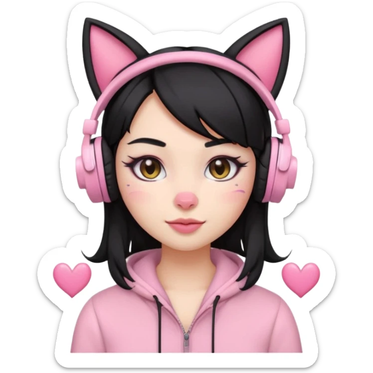 “Emoji girl, pastel pink streaks in black hair hair, bold winged eyeliner, heavy blush on cheeks and nose bridge, under-eye hearts, glossy pink lips, playful smirk and gaming headphones and cat ears.” sticker