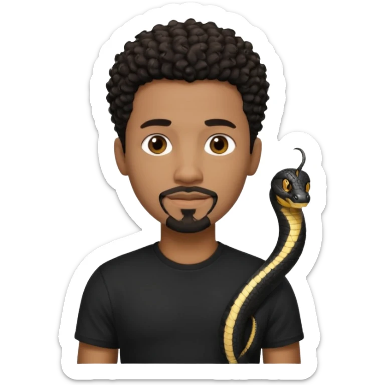 Homme noir de peau,  yeux marron avec un bouc sans la moustache, cheveux noir court et bouclé crépus avec un dégradé sur le côté, avec un cobra à côté , t-shirt noir  sticker