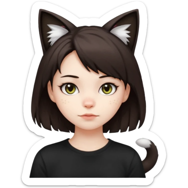 a girl with pale skin, short dark brown hair with lots of dandruff , cat ears and a tail, with a black t-shirt on sticker