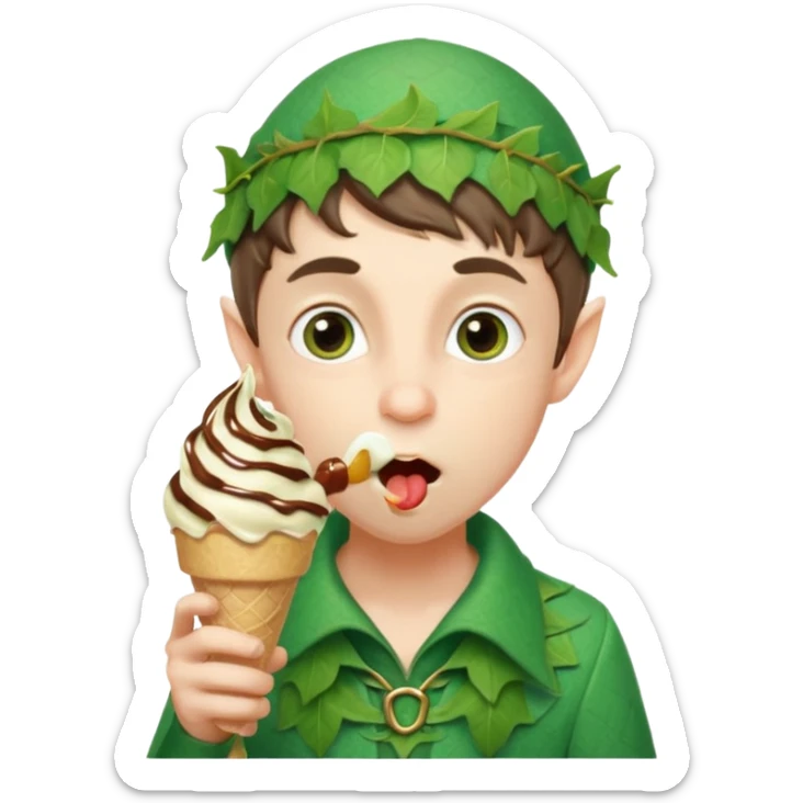 
A young elf boy in leafy clothes licking a triple-scoop ice cream with wide eyes.


A playful forest elf sitting on a log, balancing a huge ice cream tower in one hand.




 sticker