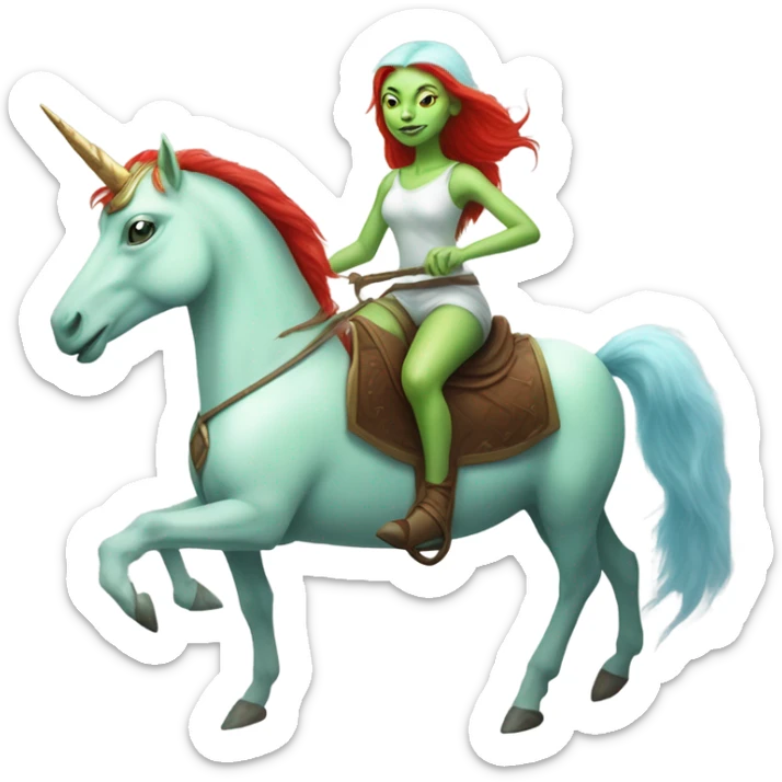 [politically incorrect
	{ woman: alien, color: light green, hair:red, eyes:cat} ]
	on a 
	[{ unicorn: white, legged:four, mane: light blue }] sticker