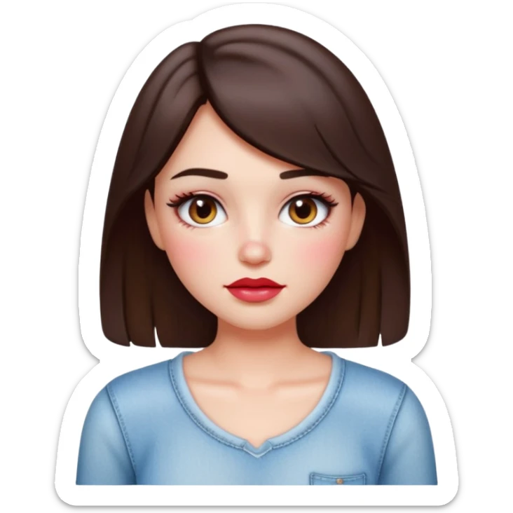 “Emoji brunette girl white top, dewy skin, heavy blush across cheeks and nose bridge, glossy cherry lips, soft eyeliner, teary sparkling eyes like hanni from new jeans sticker