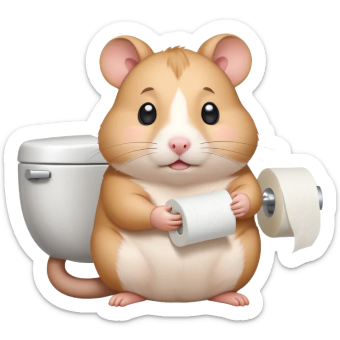 Cute chubby cartoon-style hamster sitting on toilet holding toilet paper looking as if he had an accident, sticker-style illustration sticker