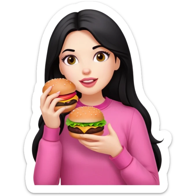 White girl in pink clothes and long black hair eating burger sticker