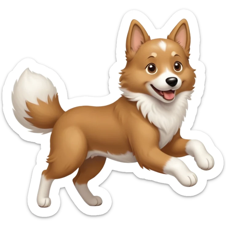 Tan dog, large breed, one paw to his elbow white and the other one just the paw white, ears up, fluffy tail, running  sticker