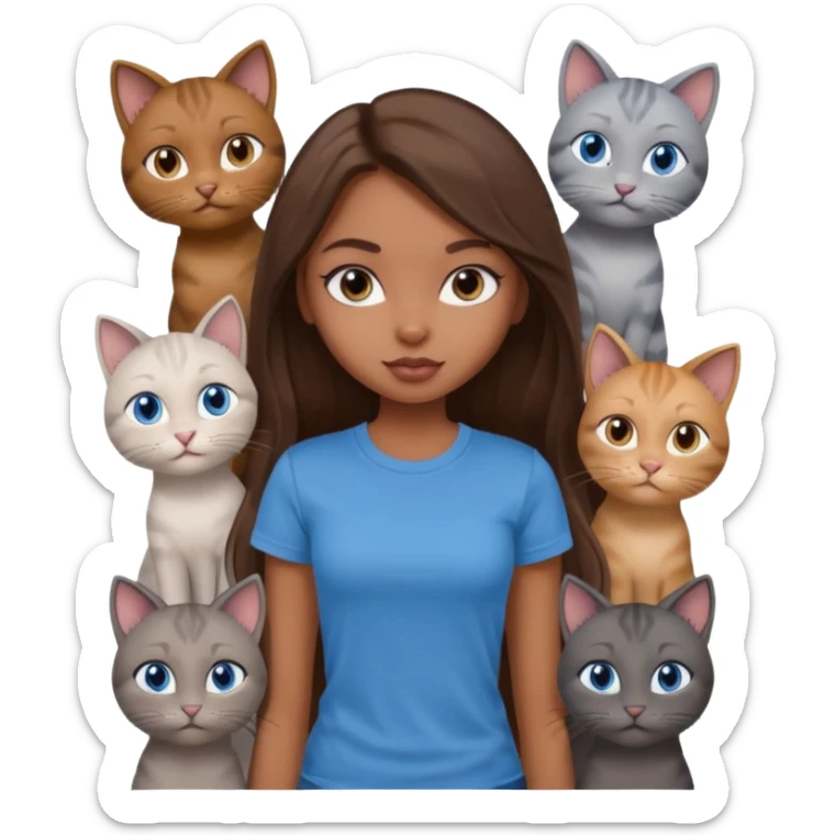 a pretty bratz dusky girl with long brown hair, blue eyes with six cats nd wearing a grey tshirt sticker