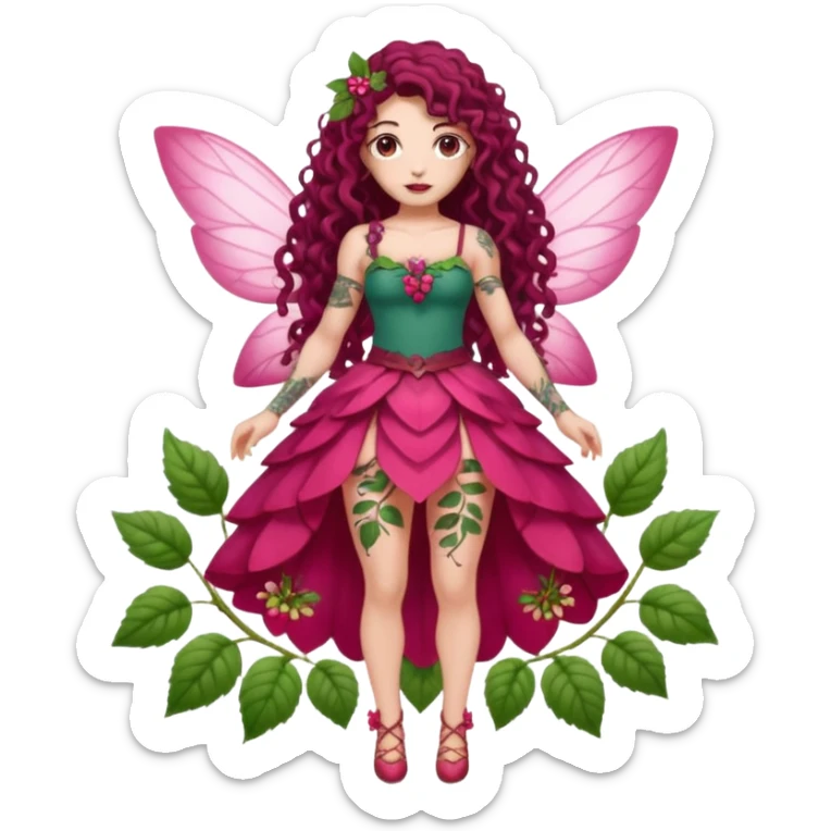 full body woman long curly brown hair brown eyes white skin tattoos muscular build raspberry fairy outfit, petal skirt, thigh vines sticker