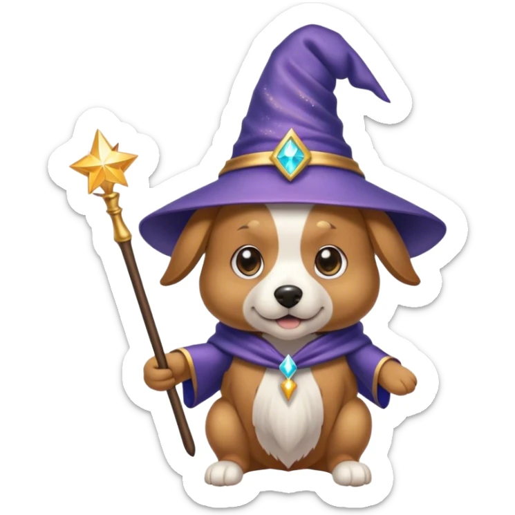 Dog wearing a wizard hat and holding a magic wand. The dog has shimmering eyes sticker