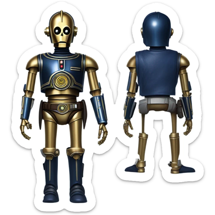 tough well-equipped jedi first order life-sized darkblue-pearl C3po as a friendly bounty hunter droid wearing a leather clothing old west duster coat holding light saber sticker
