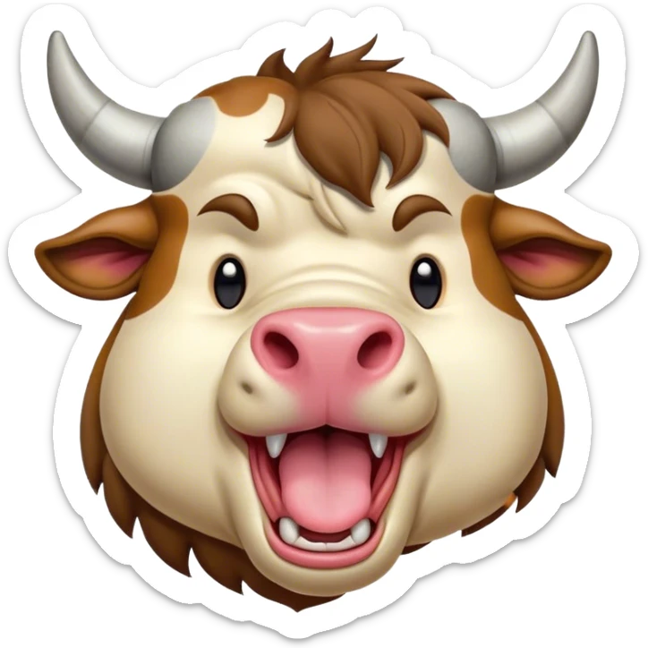 Cinematic Cute Yawning Domestic Bull Portrait Emoji, Head tilted slightly with a dramatic, wide-open yawn, showcasing a robust, muscular frame with a soft, downy coat and subtly drooping horns, round eyes barely open in drowsy contentment, Simplified yet irresistibly adorable features, highly detailed, glowing with a soft, cozy natural glow, high shine, relaxed yet expressive, stylized with a dash of rustic whimsy, soft glowing outline, capturing the essence of a sleepy yet affectionate domestic bull that seems ready to stretch out and settle for a nap! sticker