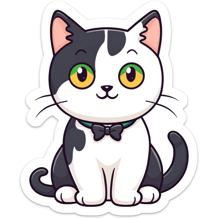 Female Tuxedo domestic short hair, more white than black similar to a cow, green/gold eyes sticker