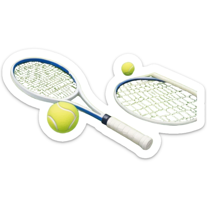A tennis racket resting on the green grass of a tennis court, with a tennis ball placed nearby and the net stretching across the court. The background captures the fresh, open atmosphere of a traditional grass court, emphasizing the elegance and precision of the sport. sticker