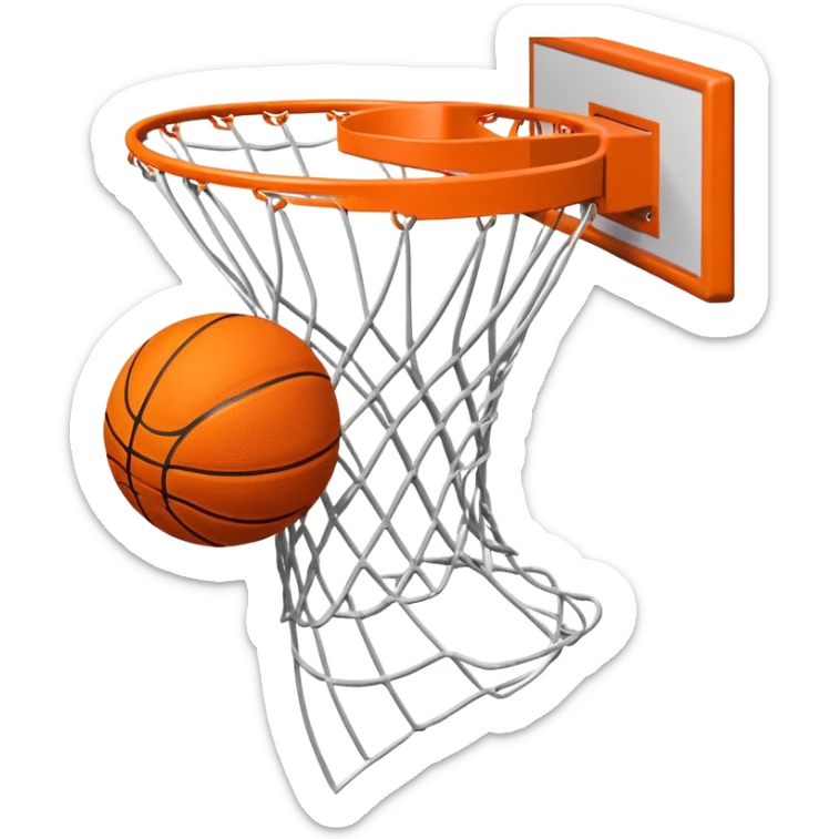 A close-up shot of a basketball soaring through the air and perfectly swishing into the basketball net. The ball is in mid-motion, with the net gently moving as the ball makes contact. The background shows a vibrant court with clear markings, capturing the excitement of a successful shot sticker