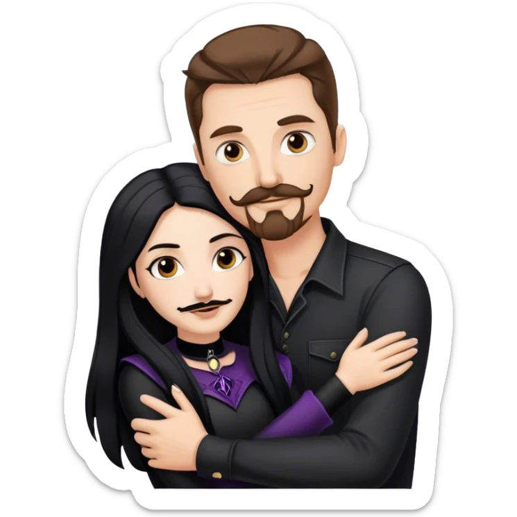 tall white man with brown hair goatee mustache hugging a goth woman with long black hair sticker