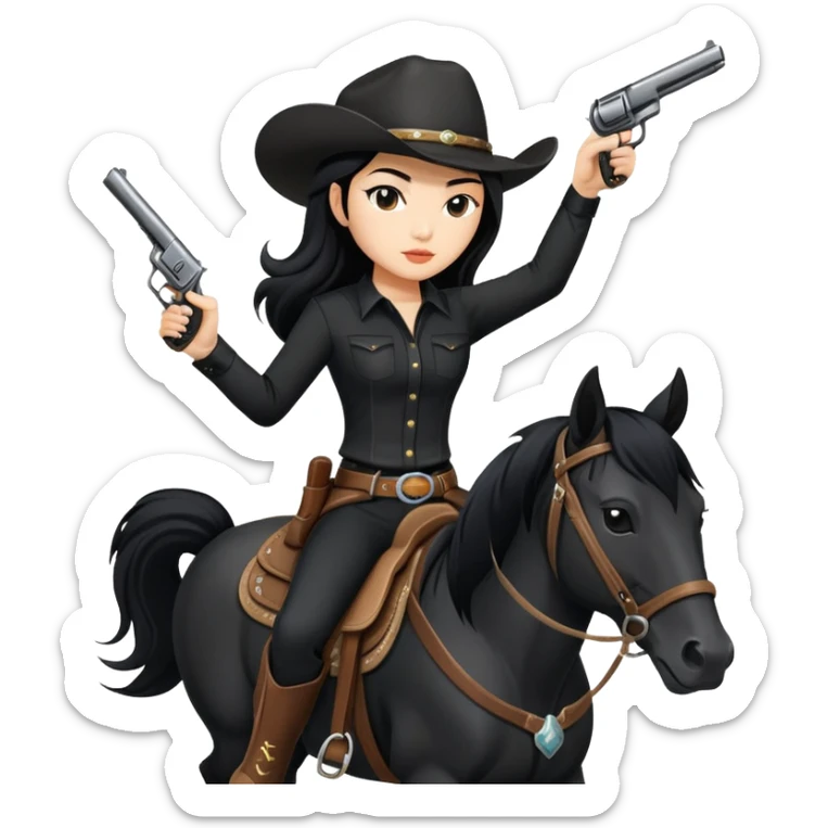 confident Asian woman with long black hair wearing black outfit riding a horse cowgirl style with a pistol sticker