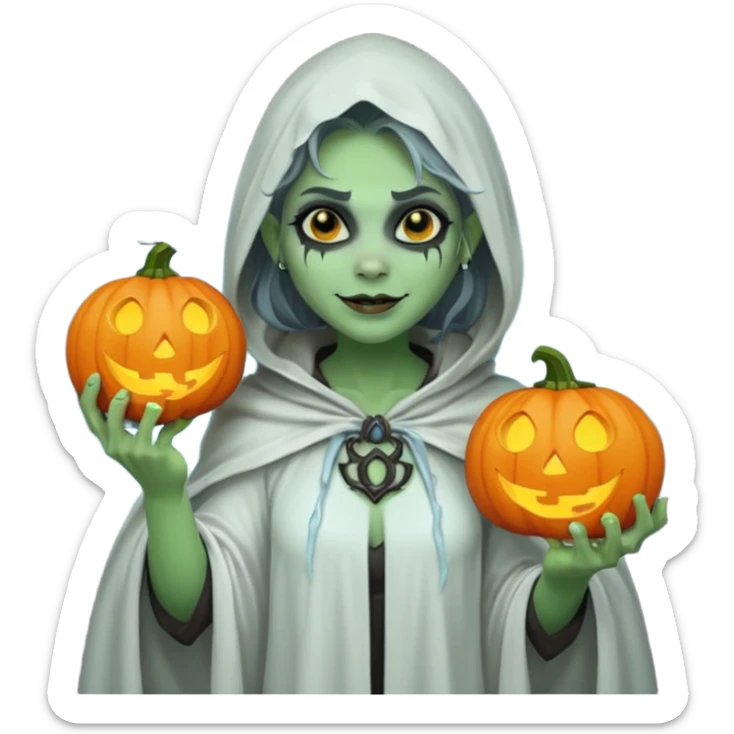female orc ghost emoji, green skin, tusks, gentle smile, wearing flowing white ghost cloak with black eye holes, holding pumpkin lantern, faint glowing blue mist, Halloween fantasy, smooth Apple emoji style, white background, square sticker