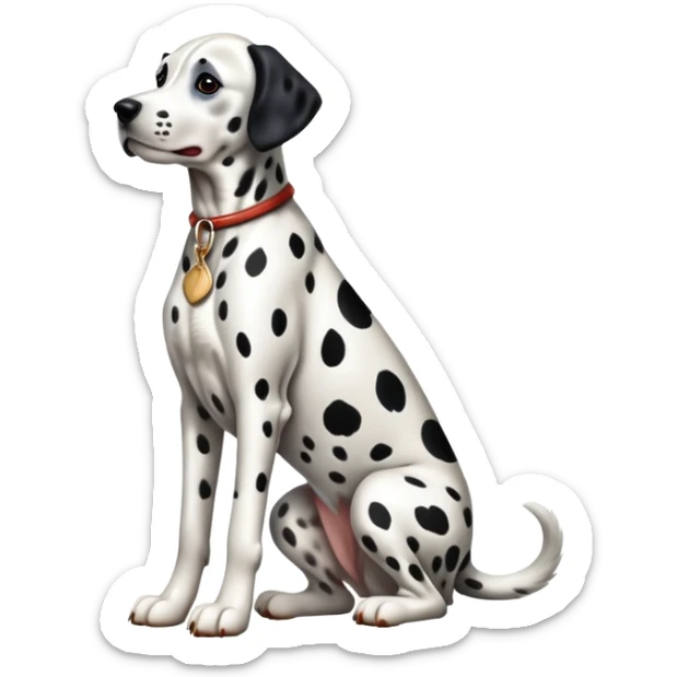 cinematic-[dalmatian dog]-realistic-full-body-sitting-emoji,-tail-resting-loosely-beside-its-paws,-head-tilted-dramatically,-sleek-[spotted]-fur,-simplified-yet-realistic-focused-features,-highly-detailed,-glowing-with-an-almost-sarcastic-glow sticker
