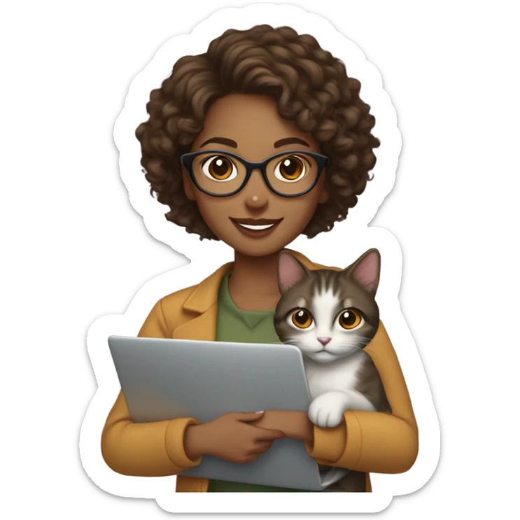 
"Young woman with medium brown skin tone, short curly hair, wearing glasses, with a friendly smile, holding a laptop in one hand and a cat in the other." sticker