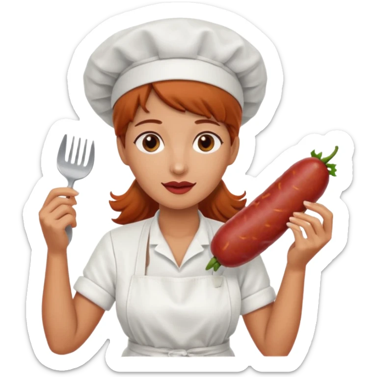 Charcuteraa con un chorizo y embutido en la mano con una redecilla en el pelo y delantal blanco sticker