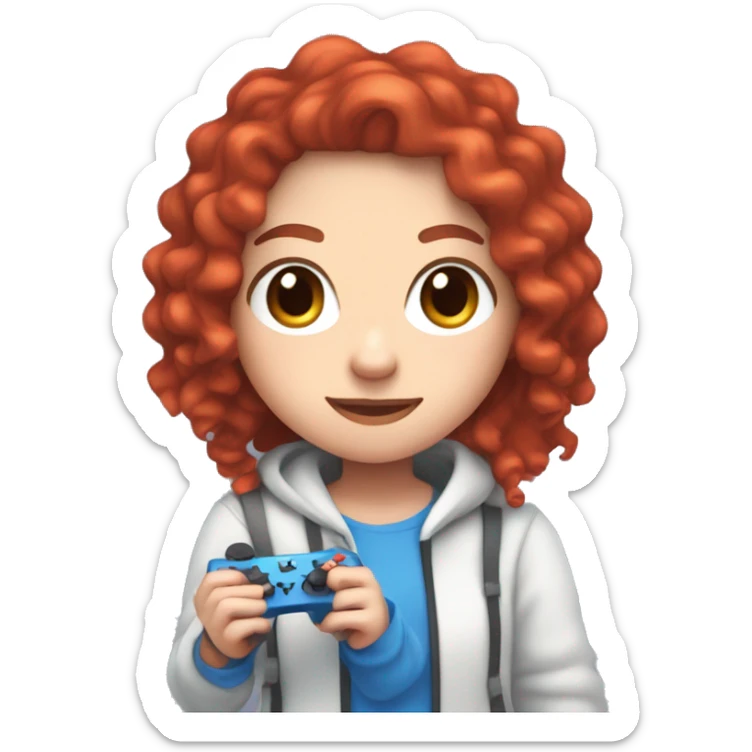 a white girl with long red curly hair, wearing periwinkle Minecraft hoodie holding a controller sticker