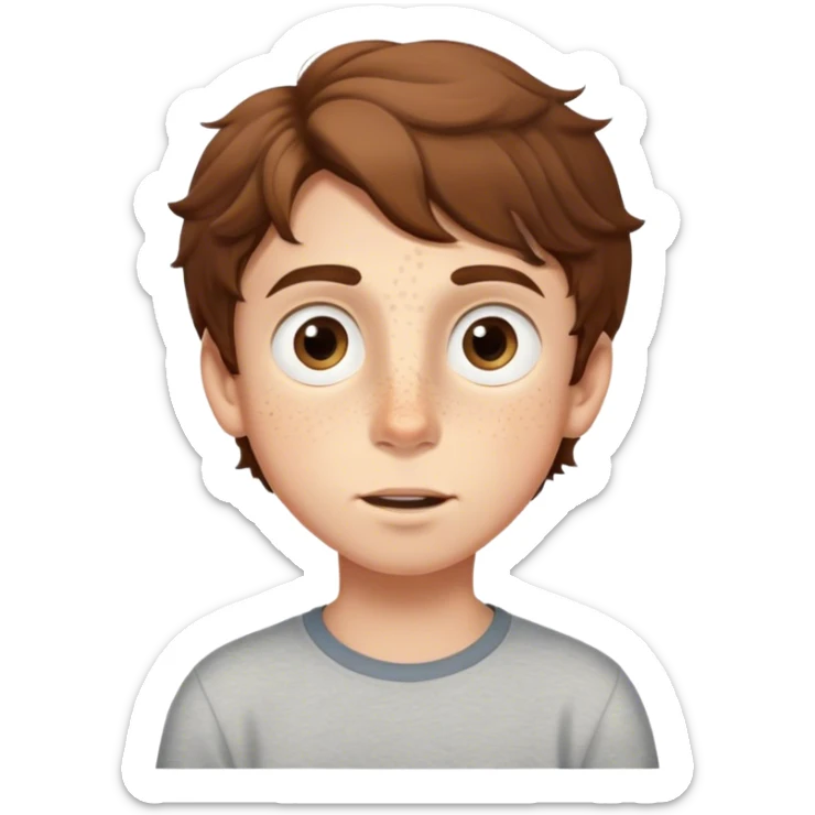 A young boy with wavy brown hair, large expressive eyes, and freckles across his cheeks. He has a curious and adventurous expression, with slightly raised eyebrows and a gentle smile, light skin sticker