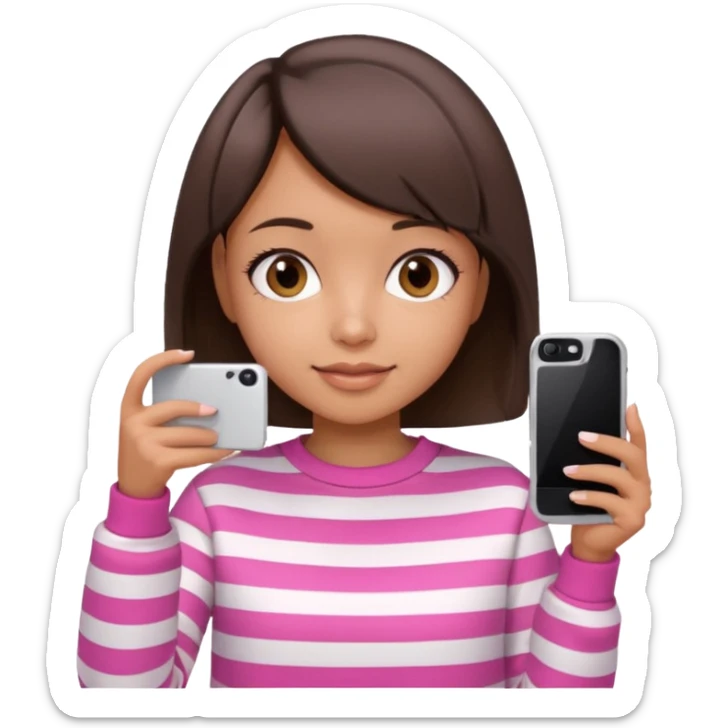 Emoji of a cute 3D girl with short dark brown bob hairstyle, wearing a pink and white striped sweatshirt. She is holding a phone and taking a selfie, white background.

 sticker