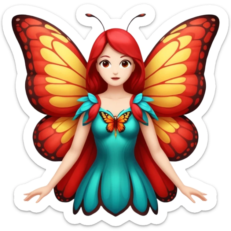 nature spirit woman dressed as butterfly herald red, wing sleeves spread sticker