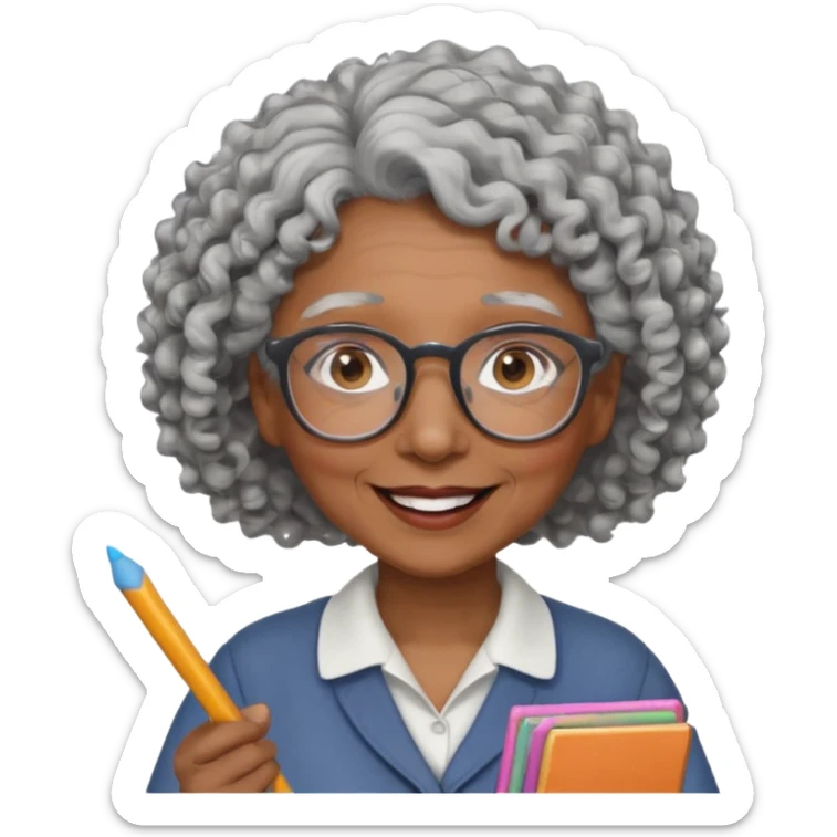 old woman teacher, brown skin, curly grey white hai, wearing glasses, hold chalk on hand sticker