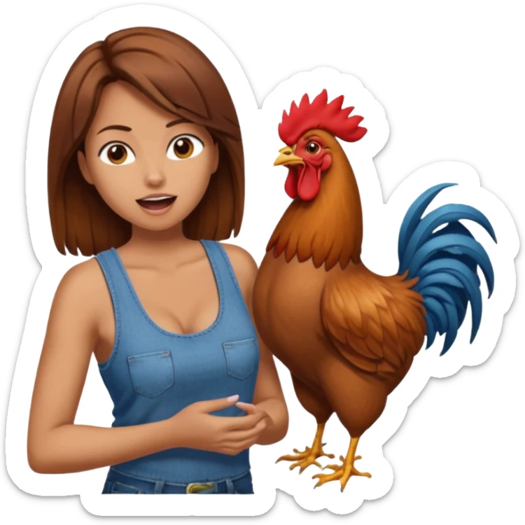 Kneeling Brown hair very large boob Woman open mouth tank top, wearing jeans touching one rooster sticker