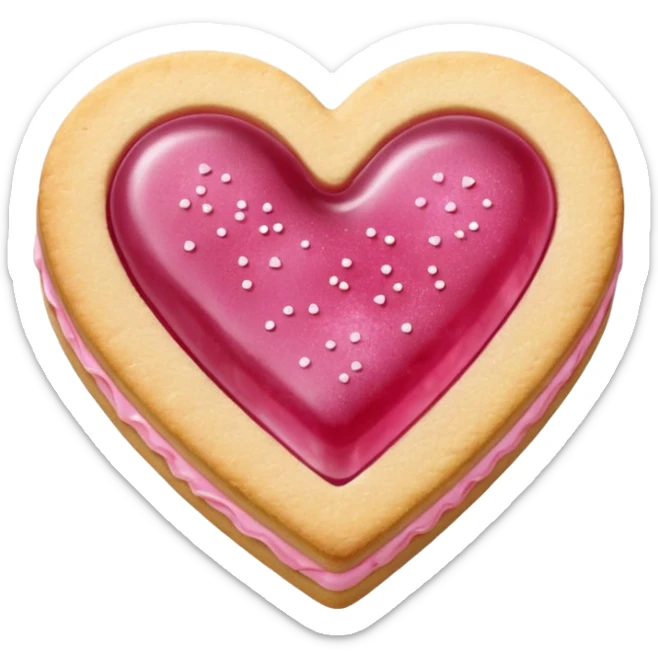 Realistic shortbread cookie in the shape of a heart with pink jelly middle filling and sprinkled powder sugar on top. sticker