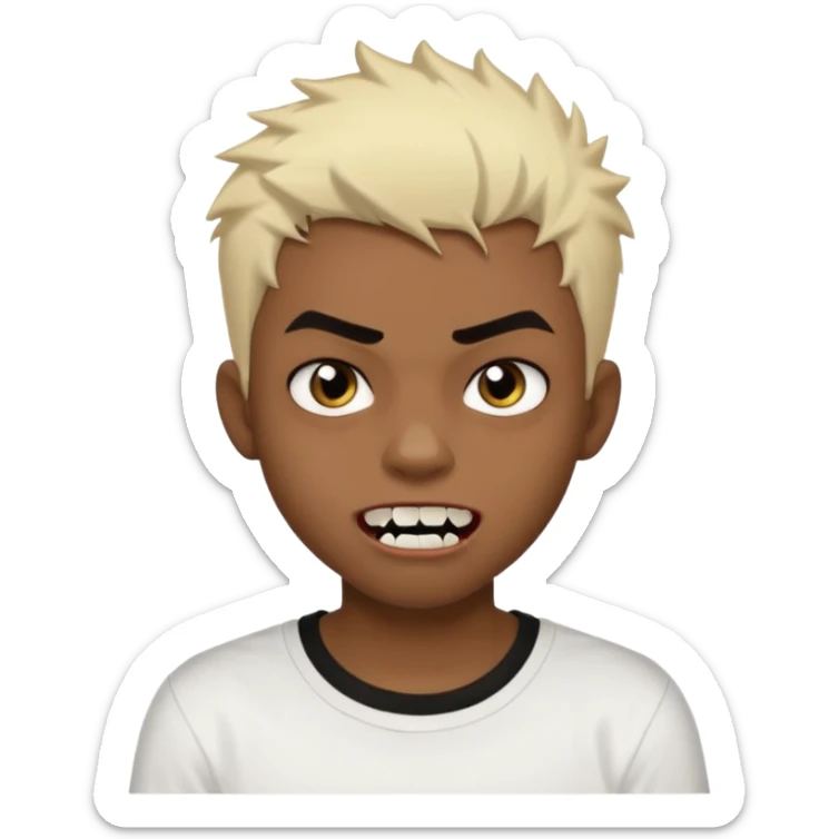 Black Male Teenager with Short punk messy blonde hair, Dark brown bushy eyebrows large expressive golden-brown eyes, wearing a plain white t-shirt, Dark Brown skin color. vampire tooth sticker