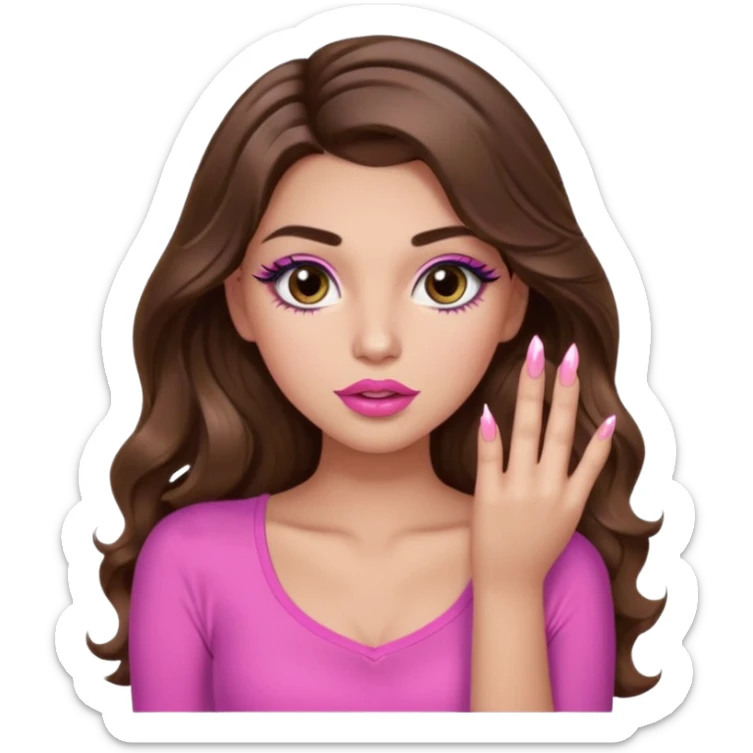 girl with long wavy brown hair, brown eyes, light to medium complexion, in a pink sexy top, pink lips, long lashes, puckered lips, showing my nails sticker