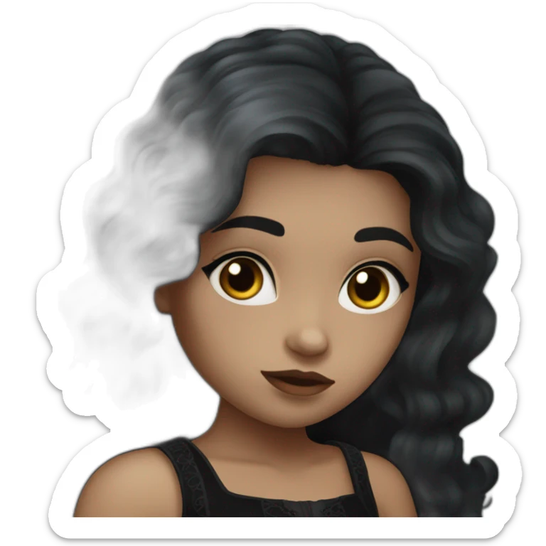 girl with dark brown wavy long hair, freckles and dark eyes, wearing a black gothic dress. sticker