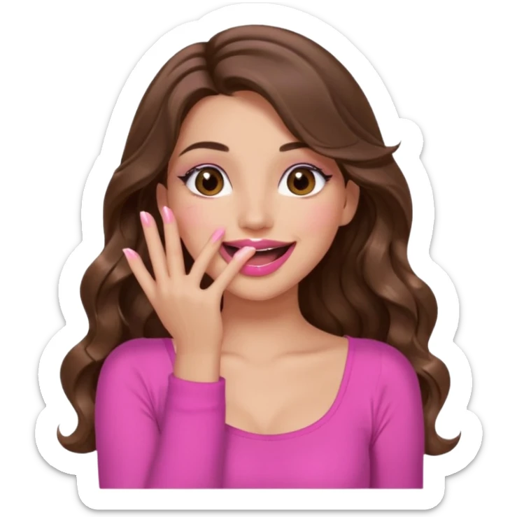 girl with long wavy brown hair, brown eyes, long lashes makeup, pink lips, light to medium complexion, pink sexy top, smiling, hand covering the mouth, giggling sticker